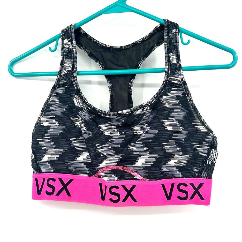 Victoria's Secret Sport Size Medium Sports Bra Black Pink Racer Back Activewear